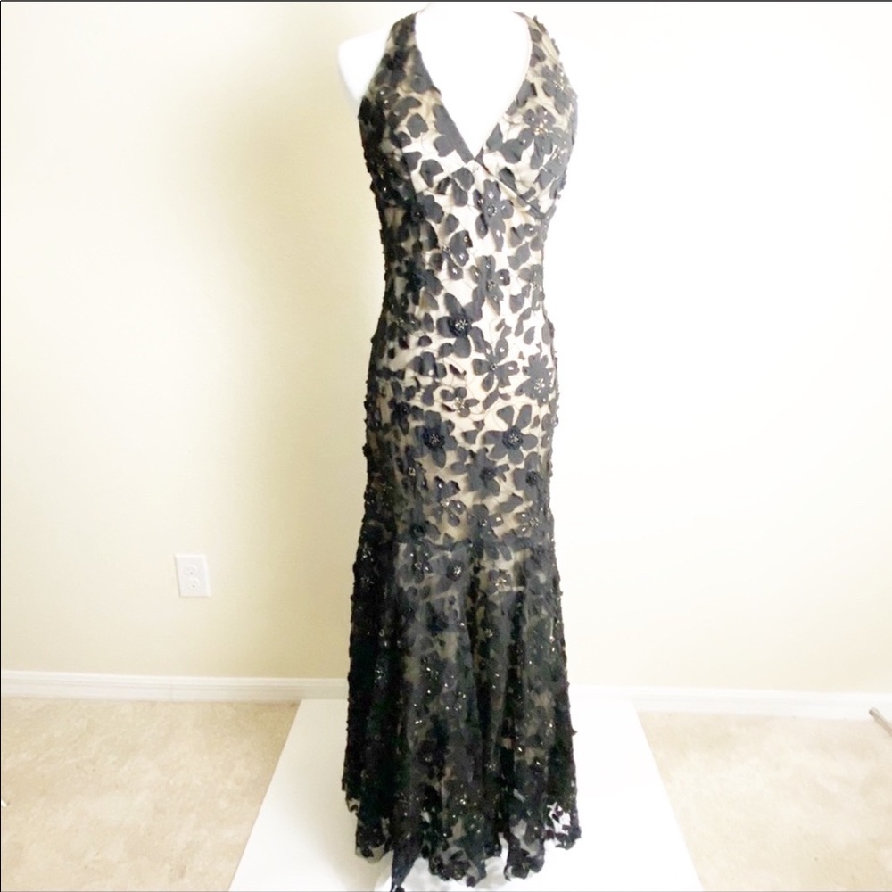 Sue Wong Nocturne Black Nude Lace Overlay Gown